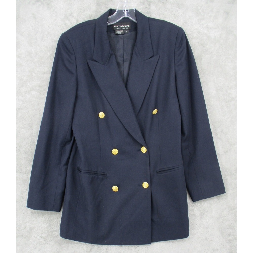 Vintage Liz Claiborne Blazer Womens Size 6 Wool Nautical Double Breasted Navy